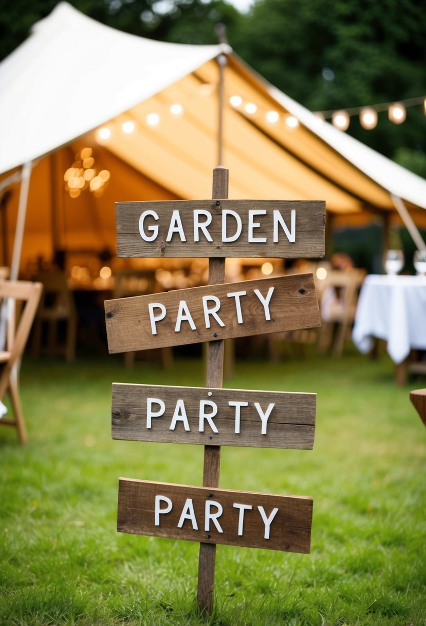 A garden party tent adorned with rustic wooden signs