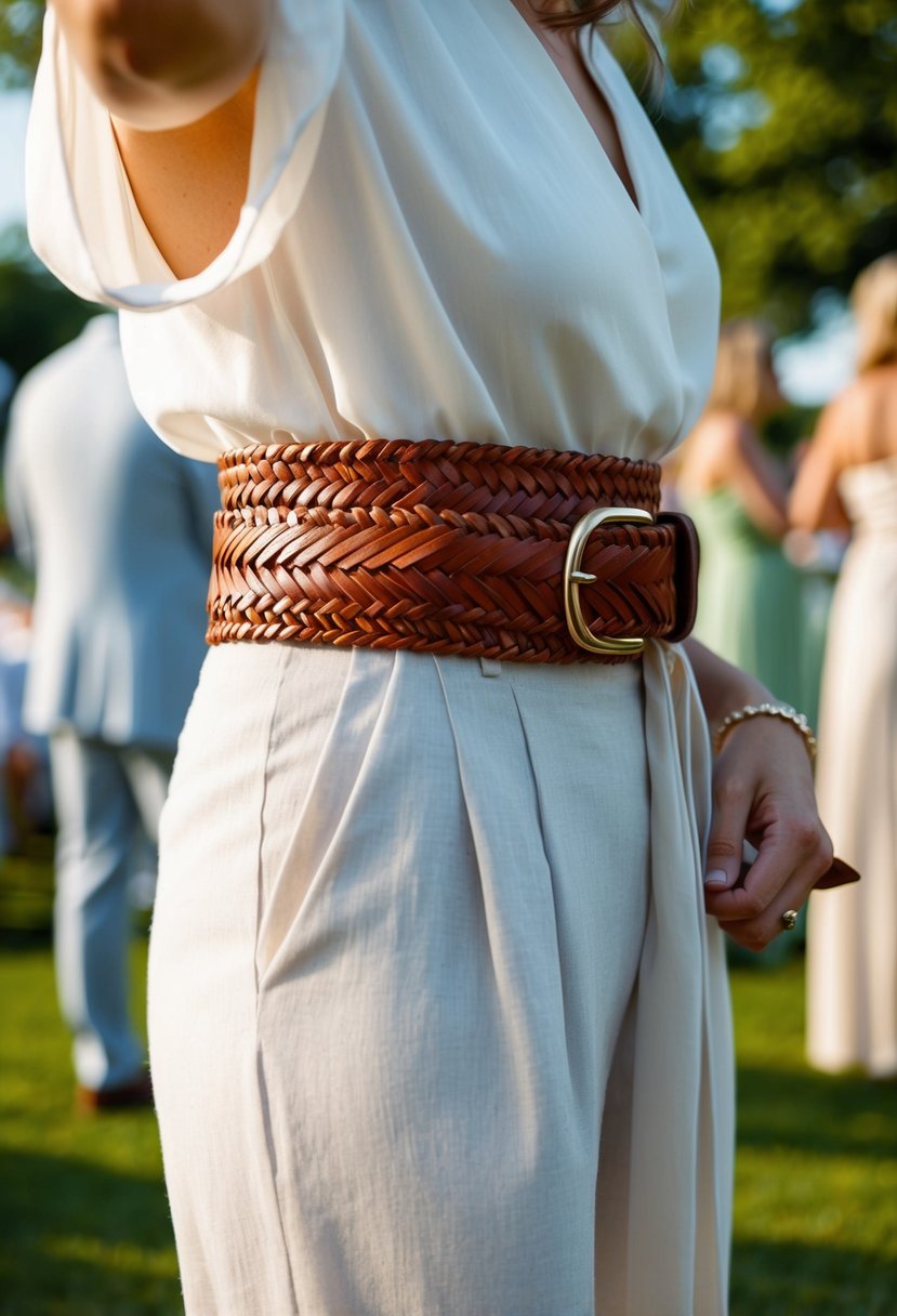 A woven leather belt cinches linen pants at a garden party