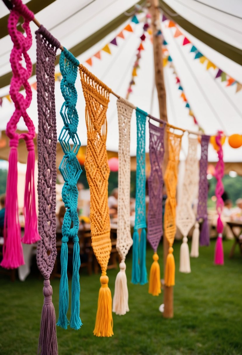 Colorful macrame hangings adorn a garden party tent, swaying gently in the breeze. Intricate patterns and tassels create a bohemian atmosphere