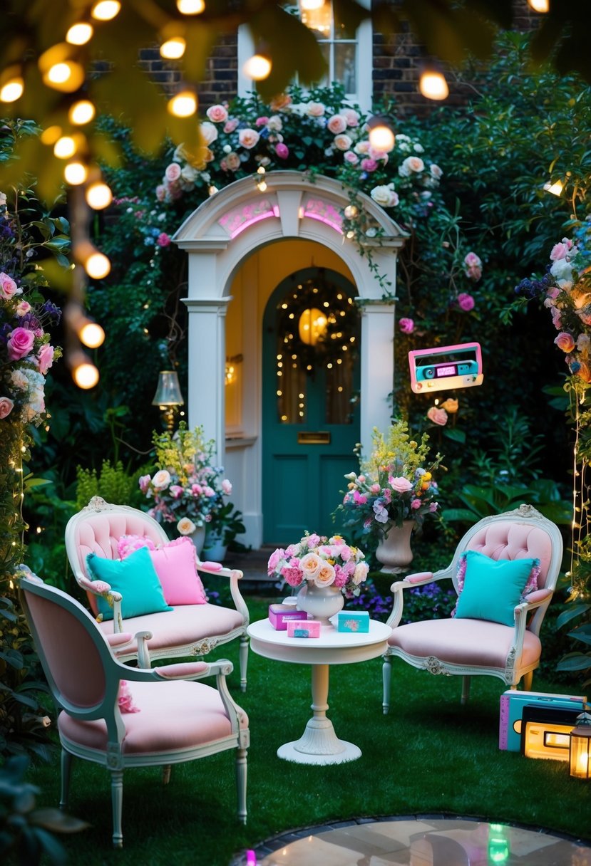 A lush Victorian garden adorned with fairy lights, vintage furniture, and floral arrangements in pastel hues, with a hint of 90s nostalgia through cassette tape decorations and neon accents