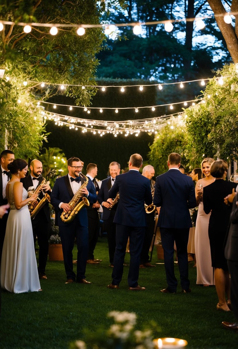 A lively jazz band plays under twinkling lights in a lush garden, surrounded by elegantly dressed guests mingling and enjoying the music