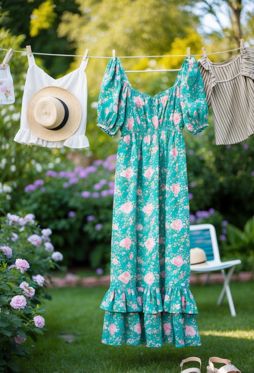 A floral maxi dress with a ruffled hem hangs on a vintage clothesline in a blooming garden. A straw hat and sandals sit nearby