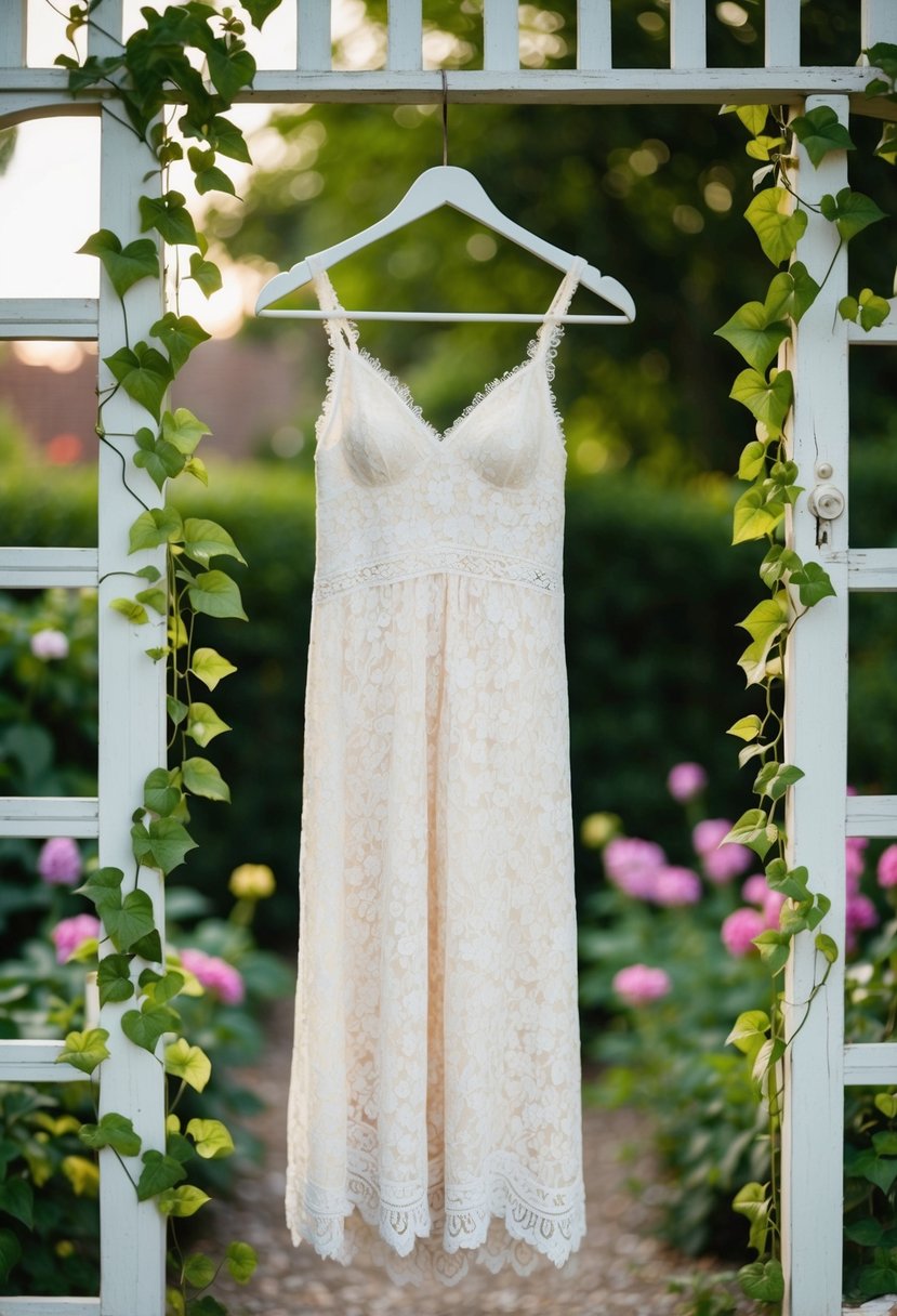 A lace slip dress hanging from a vintage garden gate, surrounded by blooming flowers and trailing ivy