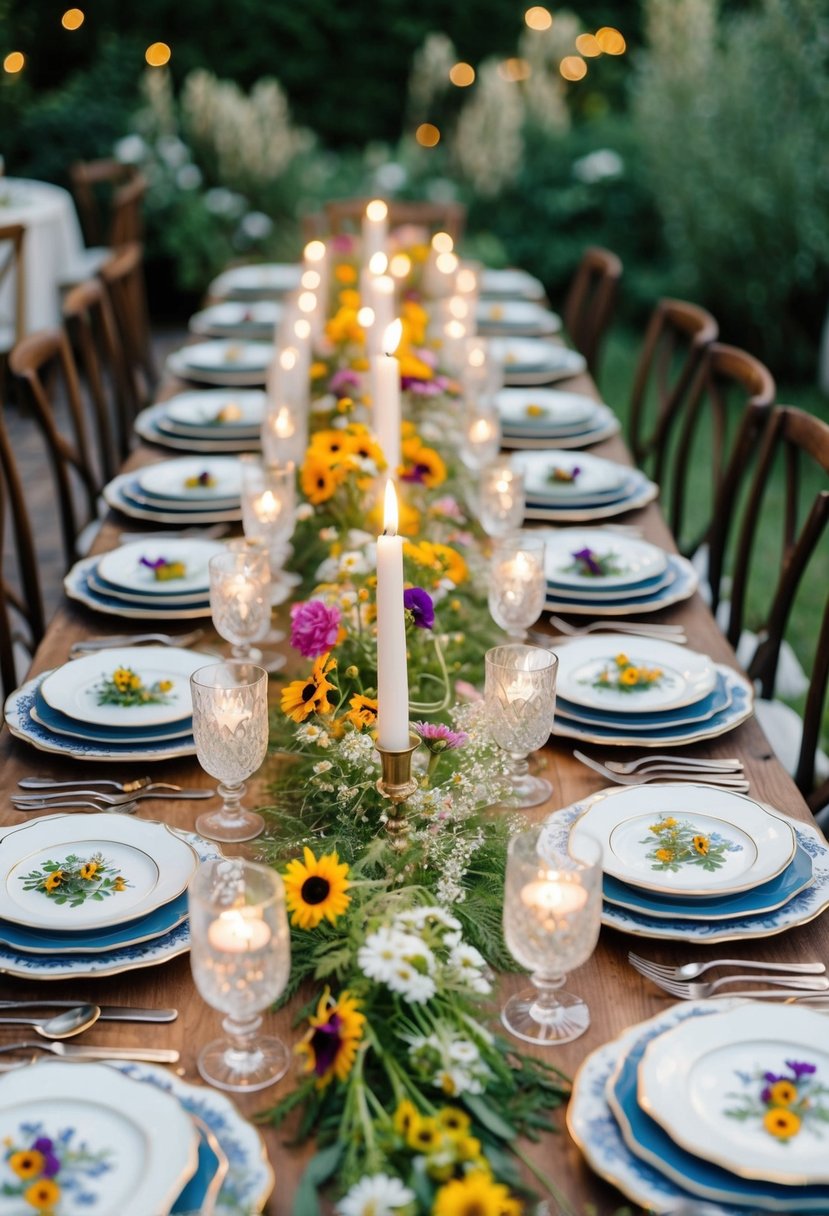 A long wooden table set with vintage china, wildflower centerpieces, and flickering candlelight in a lush garden setting