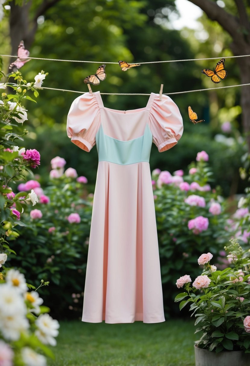 A pastel midi dress with puff sleeves hangs from a vintage clothesline in a lush garden setting, surrounded by blooming flowers and fluttering butterflies