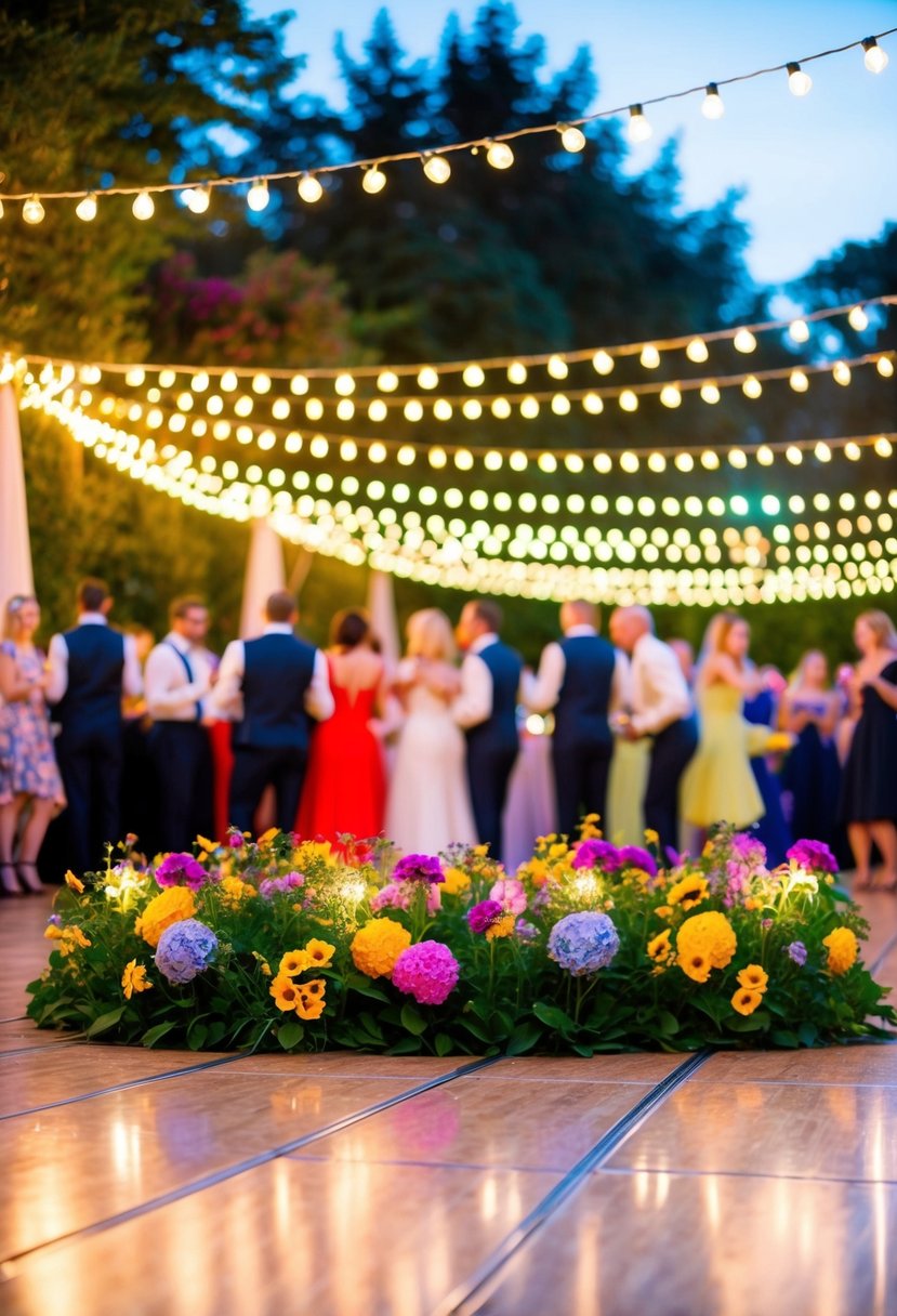 A festive outdoor dance floor surrounded by twinkling lights and colorful flowers, with a lively atmosphere for a 40th celebration garden party