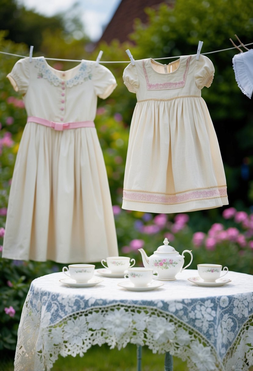 A vintage tea dress hangs on a clothesline in a blooming garden, surrounded by delicate teacups and saucers on a lace tablecloth