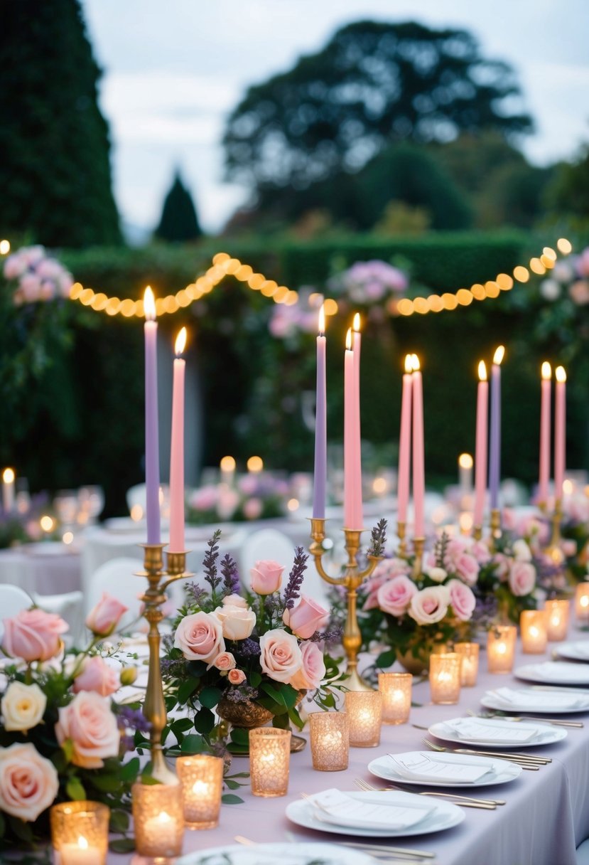 A table adorned with rose and lavender scented candles, surrounded by floral arrangements, set for an elegant garden party to celebrate an 80th birthday