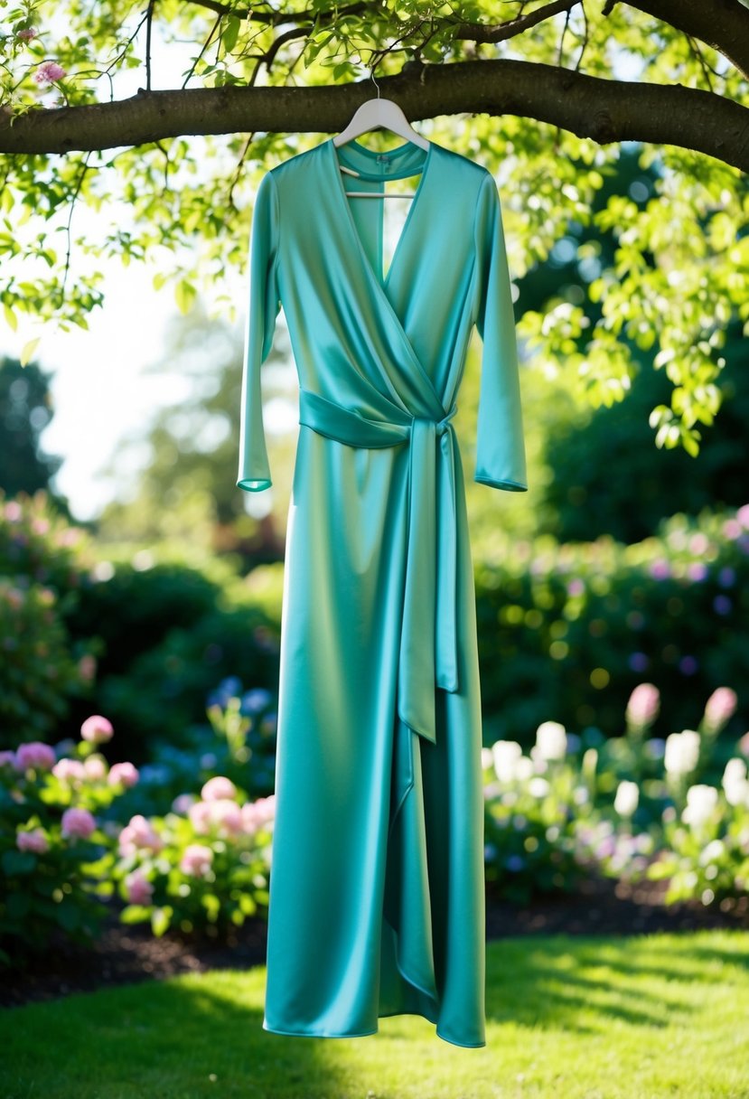 A satin wrap dress hangs from a tree in a lush garden, surrounded by blooming flowers and dappled sunlight