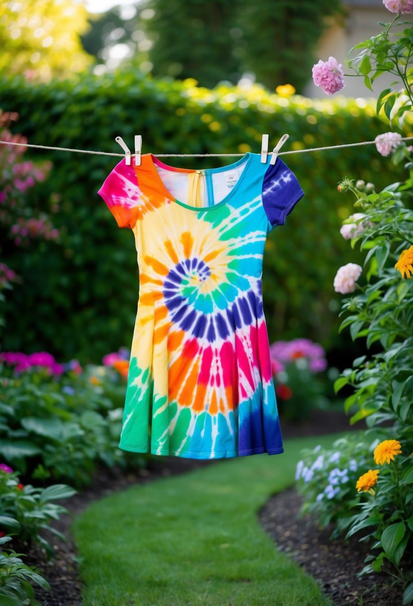 A colorful tie-dye skater dress hanging on a vintage clothesline in a lush garden setting, surrounded by blooming flowers and greenery