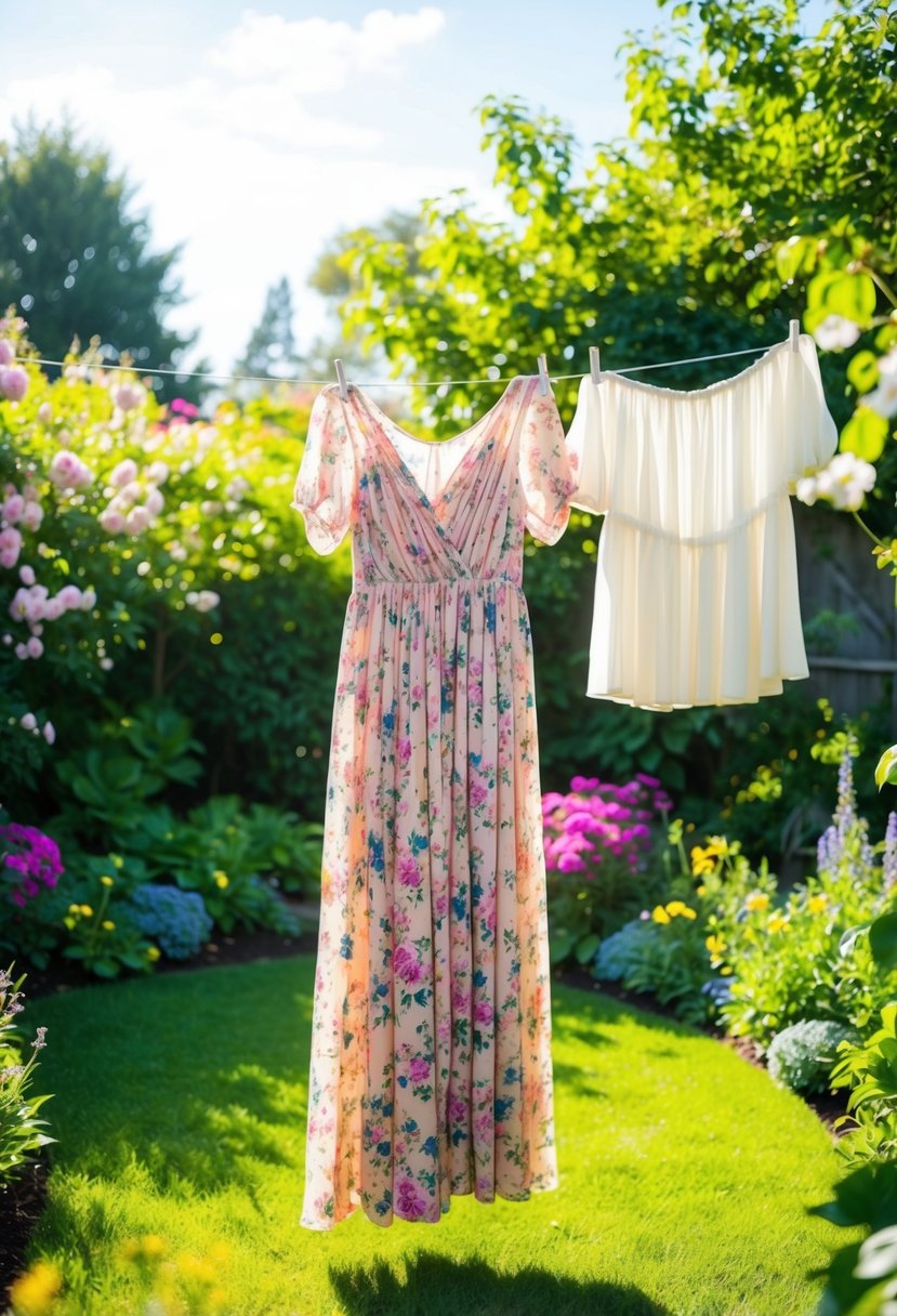 A lush garden with blooming flowers, a flowing floral maxi dress hanging on a clothesline, surrounded by greenery and sunlight