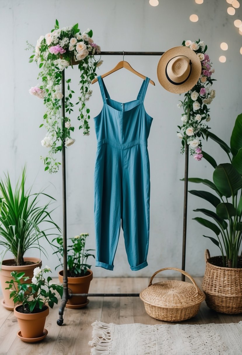 A linen jumpsuit hangs on a vintage clothing rack surrounded by blooming flowers and potted plants, with a wicker basket and straw hat nearby