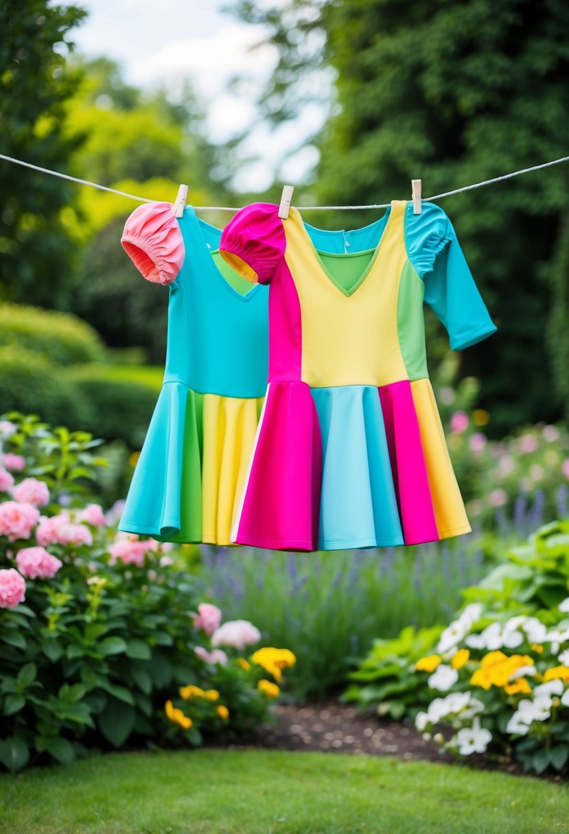 A colorful skater dress hangs on a clothesline in a lush garden setting, surrounded by blooming flowers and greenery