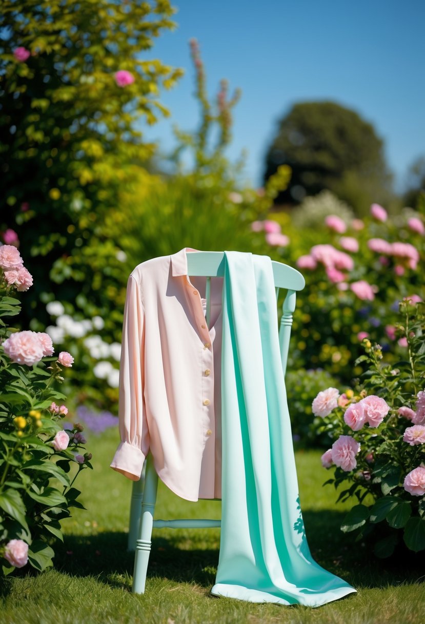 A sunny garden with a pastel blouse draped over a chair, surrounded by blooming flowers and greenery