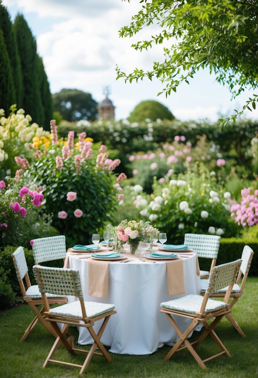 A lush garden with blooming flowers and a table set with two-piece espadrille wedge outfits for a garden party