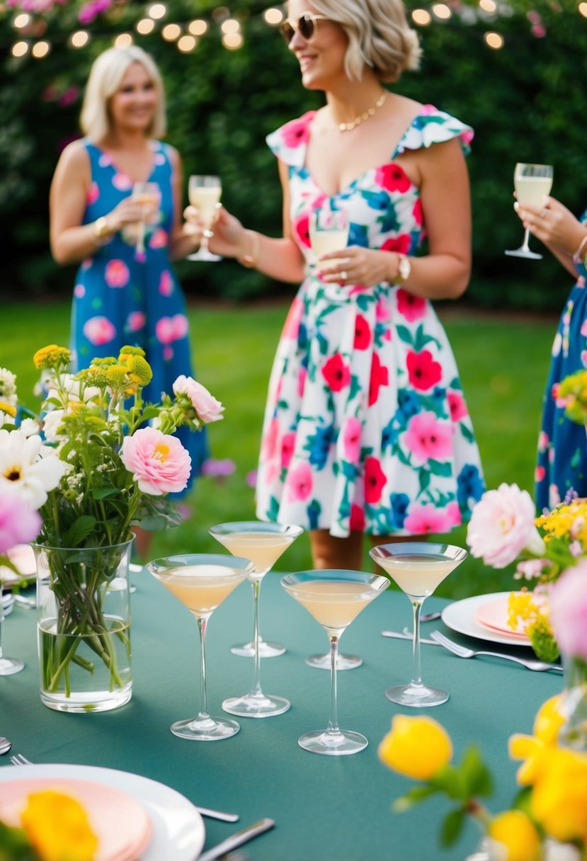 A garden party scene with a floral print sundress, surrounded by blooming flowers and cocktail glasses on a table