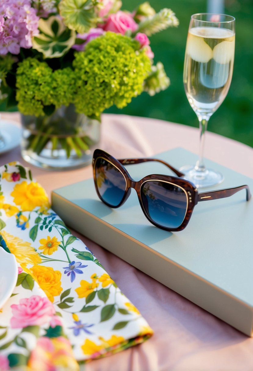 A stylish pair of statement sunglasses rests on a table next to a coordinated two-piece garden party outfit
