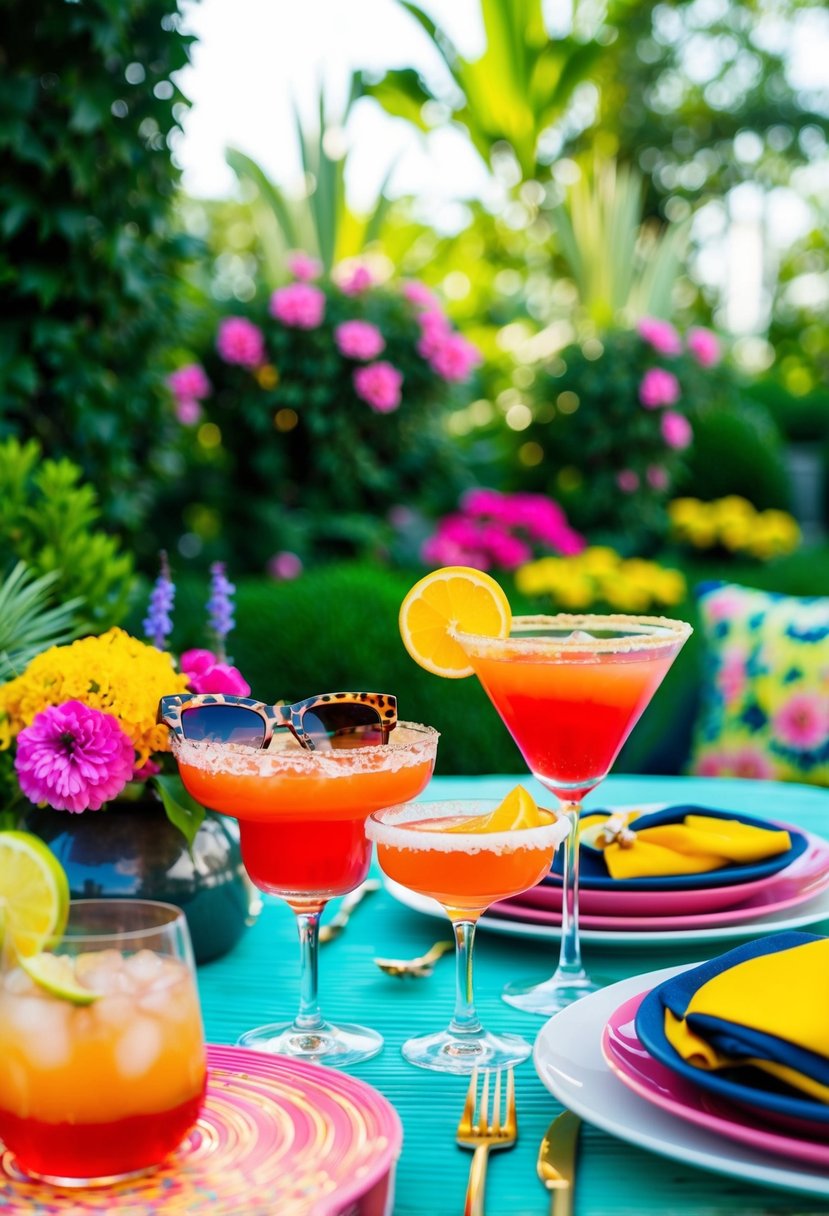 Vibrant garden setting with stylish statement sunglasses, cocktail drinks, and chic outfits