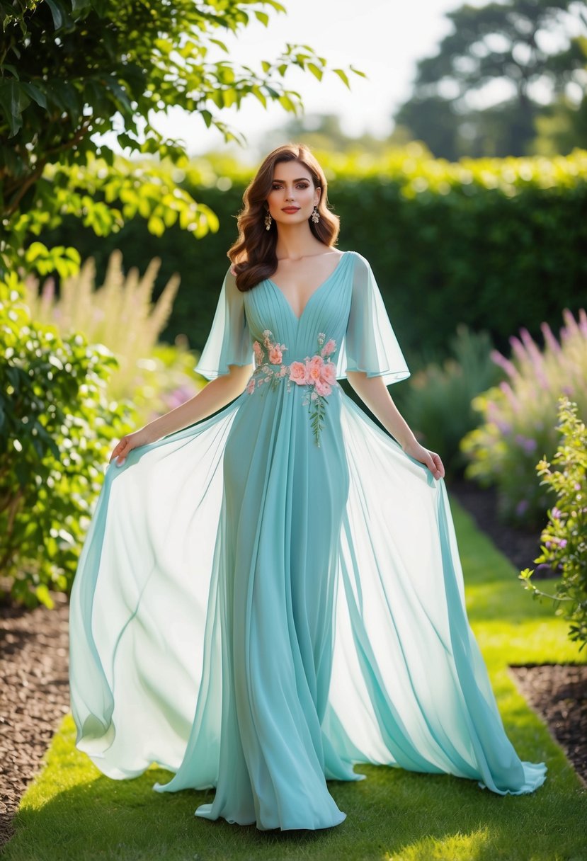 A flowing chiffon gown in a garden setting, with fluttering sleeves and floral accents