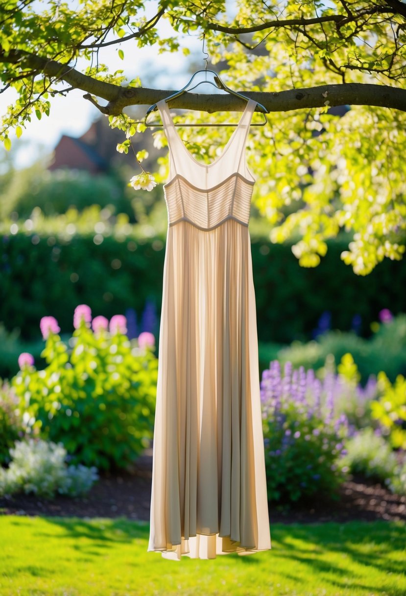 A sunny garden with blooming flowers and a flowing A-line maxi dress hanging from a tree branch
