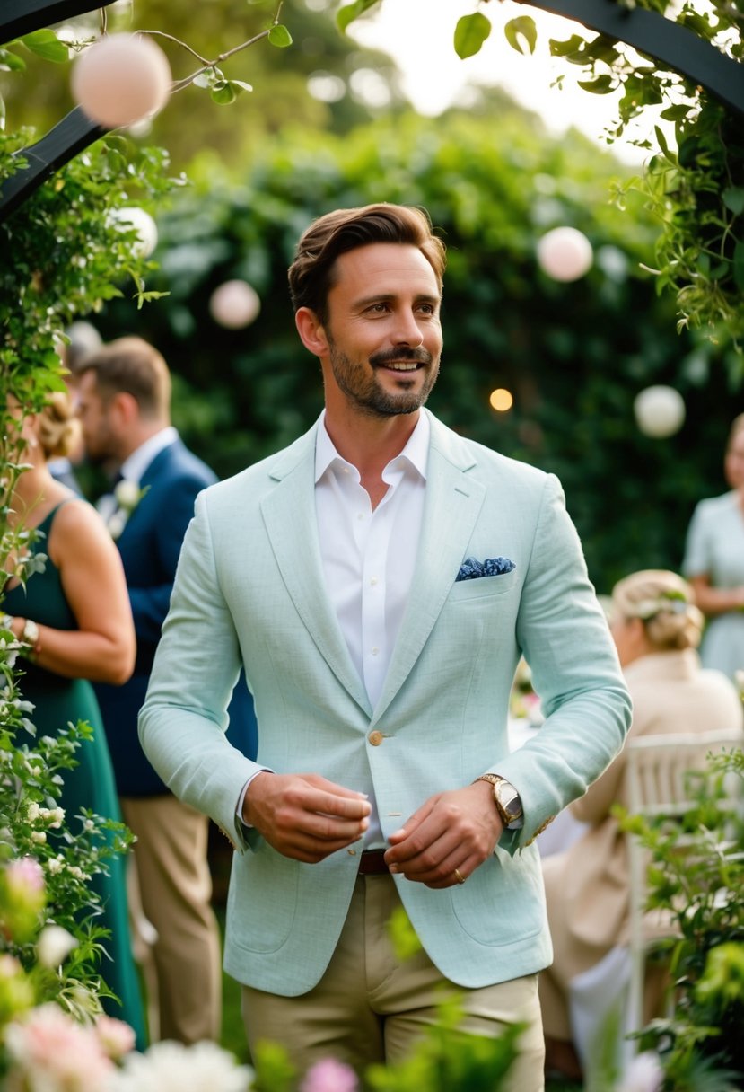 A garden party scene with a well-dressed man in a linen blazer, surrounded by lush greenery and elegant decor