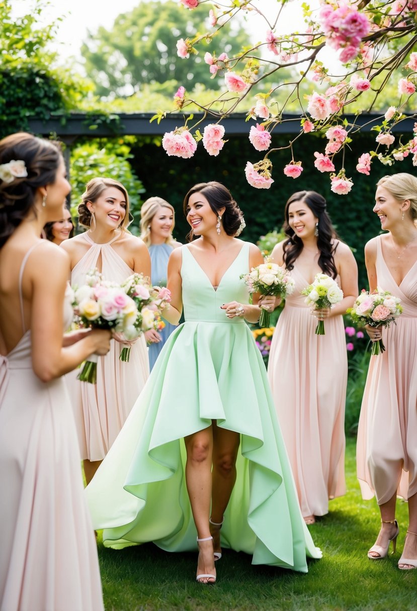 A garden party with blooming flowers, a pastel high-low hem gown flowing in the breeze, and a group of bridesmaids enjoying the festivities