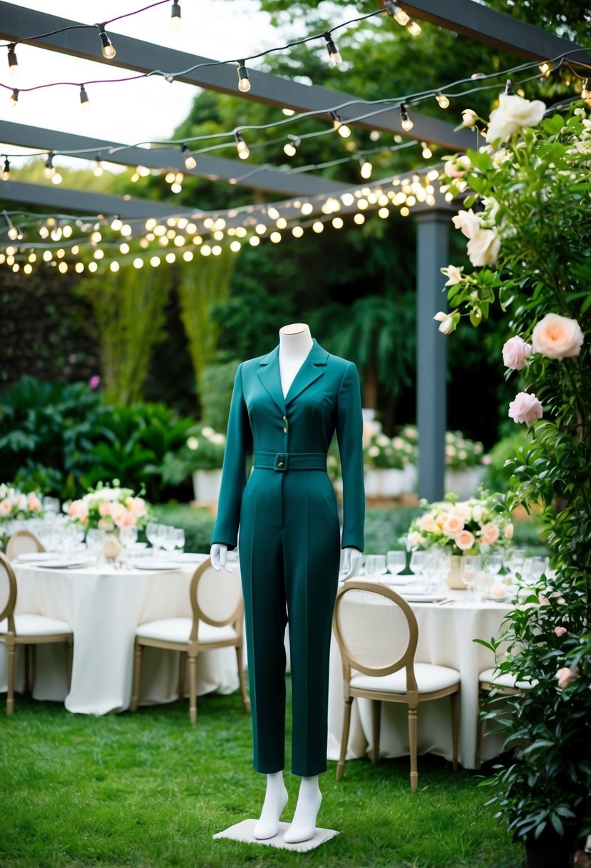 A lush garden setting with elegant tables, blooming flowers, and a canopy of fairy lights. A mannequin wearing a tailored jumpsuit stands amidst the greenery