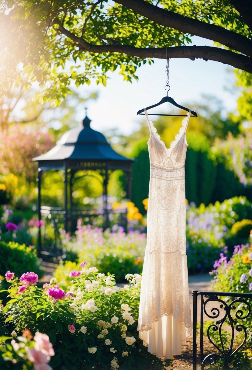 A sun-dappled garden with blooming flowers, a wrought iron gazebo, and a vintage lace maxi dress hanging from a tree branch