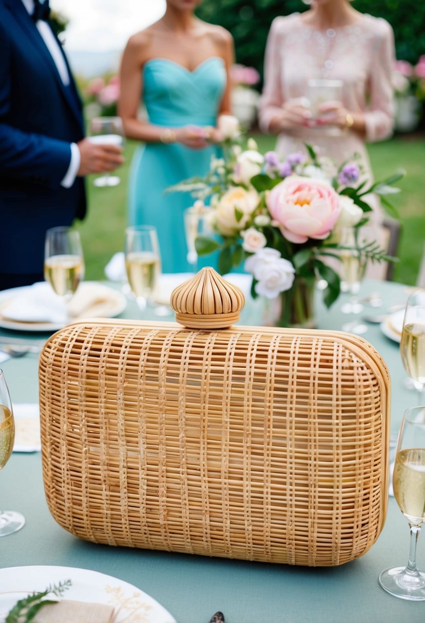 A rattan clutch bag sits on a table at a garden party, surrounded by elegant formal wear and floral decorations