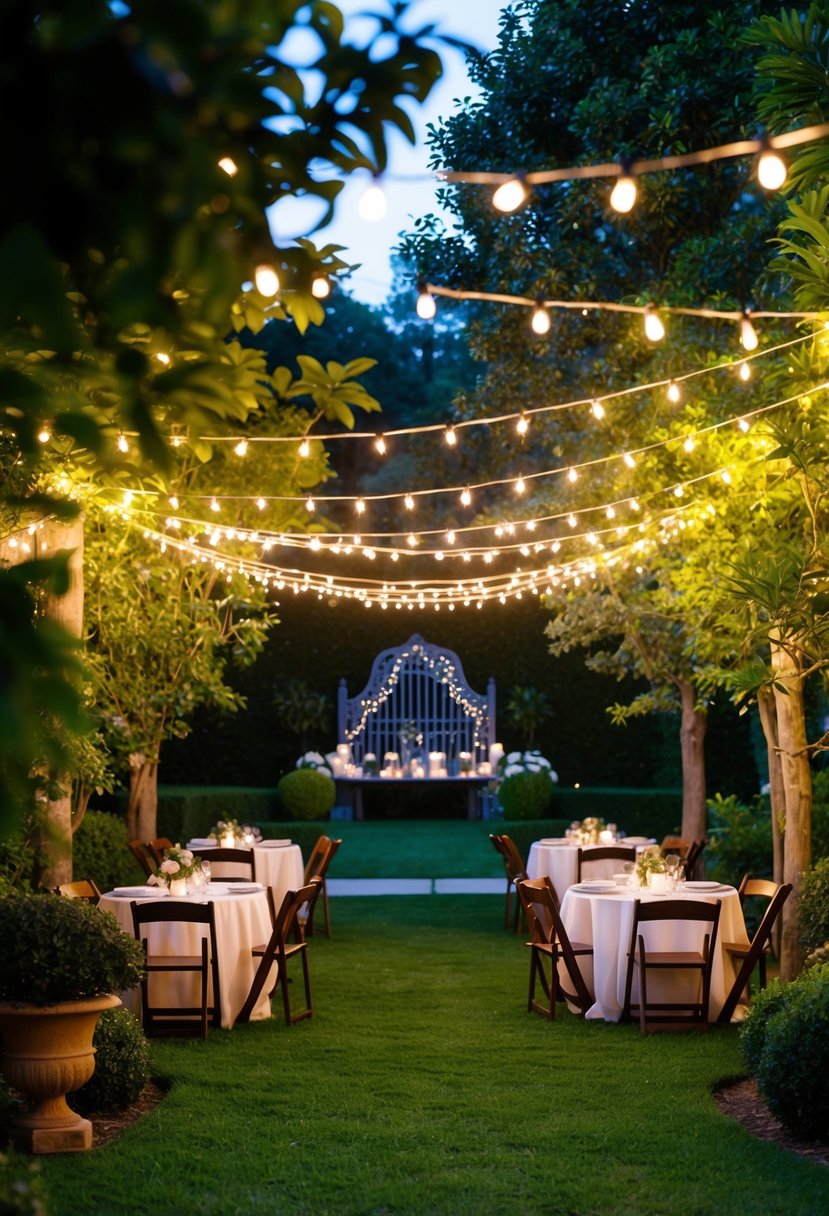 A lush garden adorned with twinkling string lights, creating a magical atmosphere for an evening party