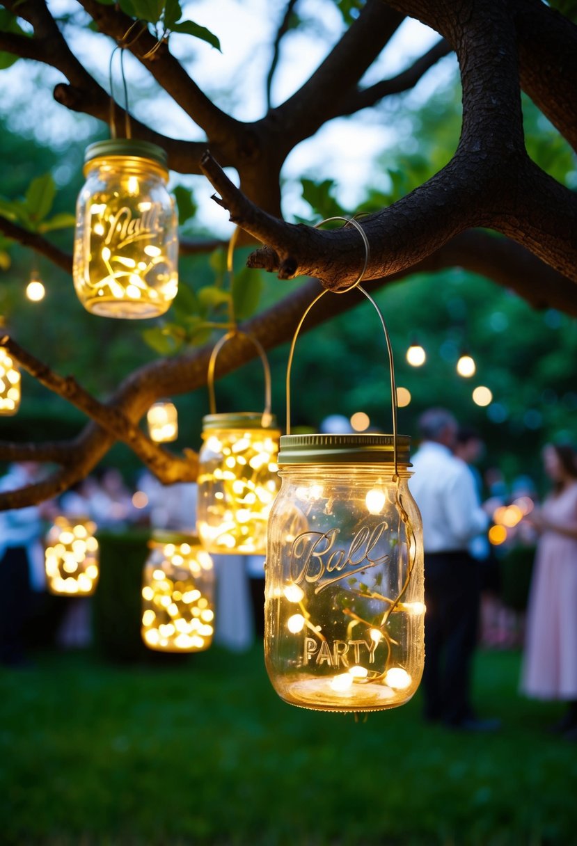 A whimsical garden scene with fairy light-filled jars hanging from tree branches, casting a soft glow over the party