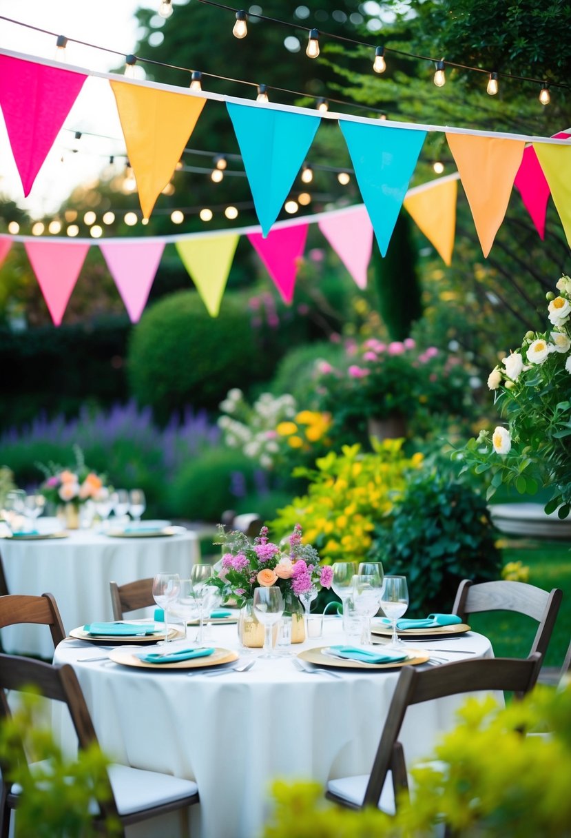 Colorful bunting flags fluttering in the breeze, strung across a lush garden with blooming flowers and greenery. Tables set with elegant place settings and twinkling string lights overhead