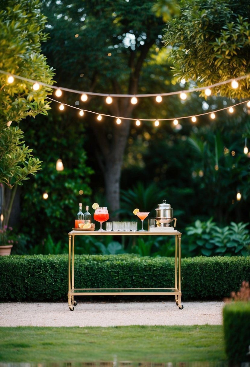 A lush garden setting with a stylish cocktail station under twinkling lights