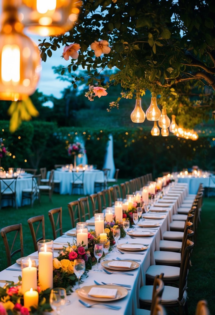 Candlelit dinner tables arranged in a lush garden, with soft glowing lights and vibrant flowers creating a romantic and elegant atmosphere for an evening event