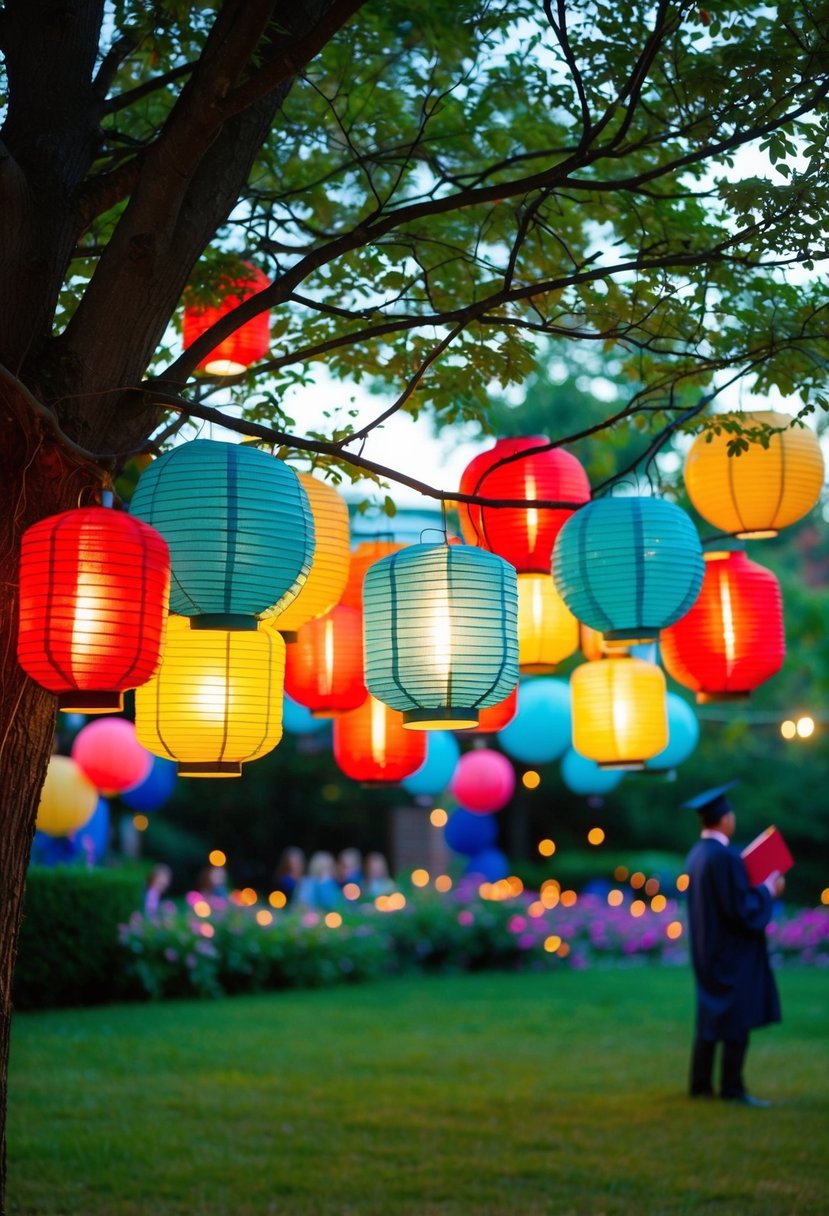 Colorful paper lanterns hanging from trees in a garden, illuminating a festive graduation celebration