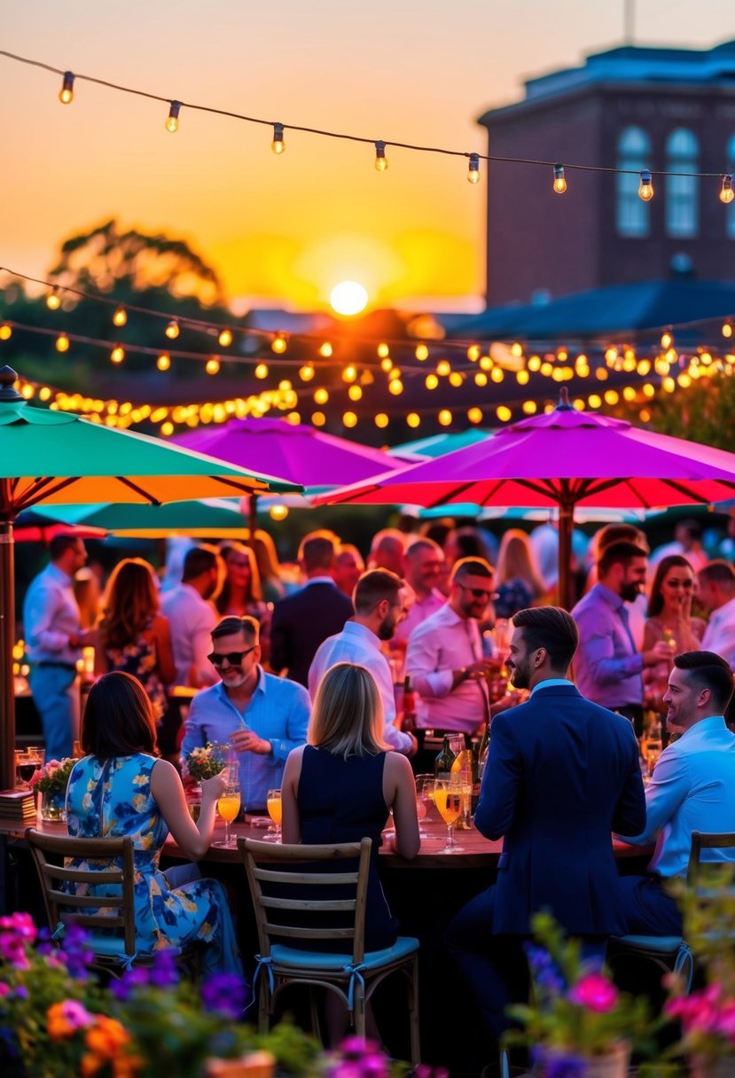 A vibrant sunset cocktail bar garden party with twinkling lights, colorful umbrellas, and guests mingling under the warm glow of the setting sun