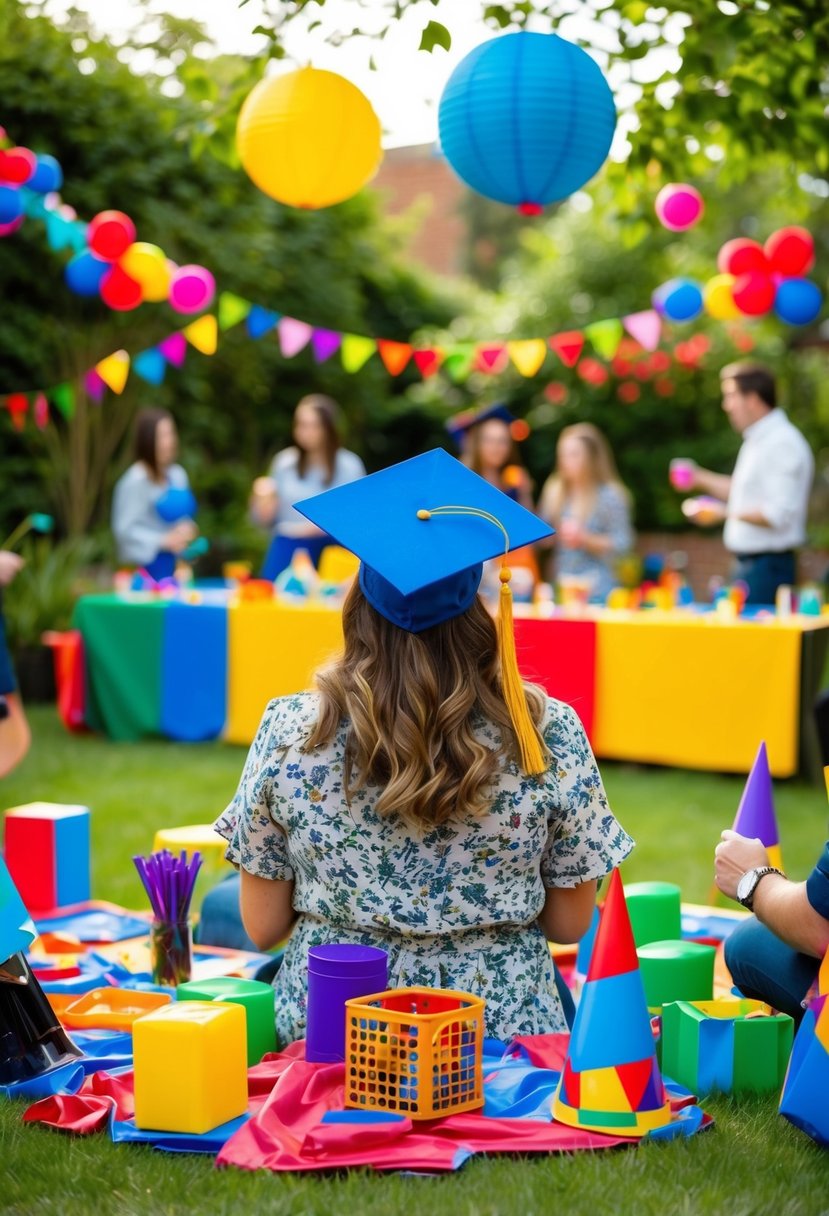 A garden party with colorful games and decorations, celebrating a graduation