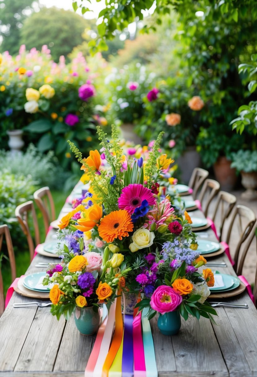 A colorful array of fresh flowers, ribbons, and vases arranged on a rustic wooden table in a lush garden setting