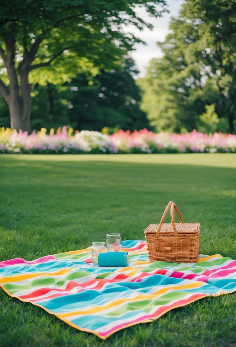 A colorful picnic blanket spread out on lush green grass, surrounded by blooming flowers and shaded by towering trees