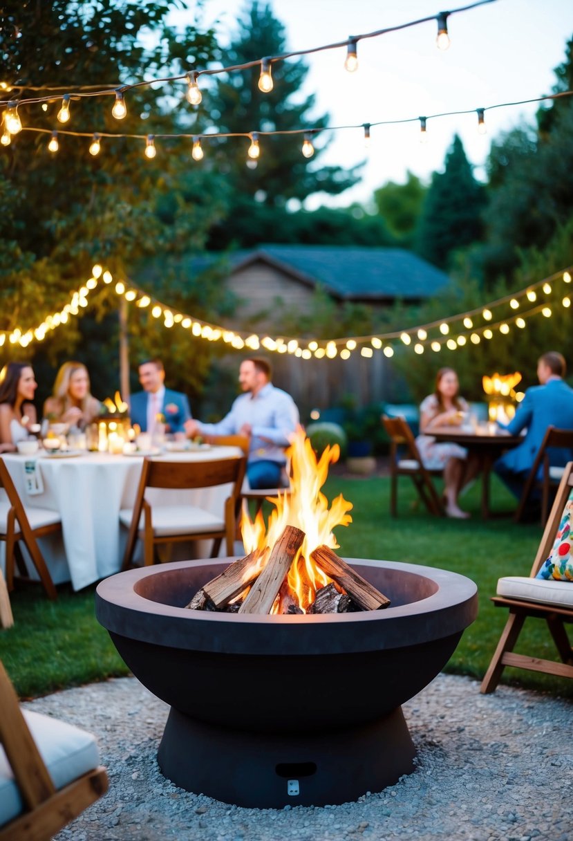 A cozy fire pit surrounded by twinkling lights, with a table set for s'mores and a garden party in full swing