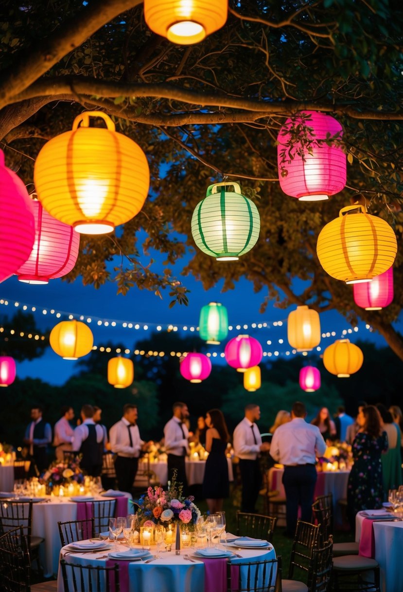 Colorful lanterns hang from trees, casting a warm glow over a garden party. Tables are adorned with floral centerpieces and guests mingle under the starry night sky