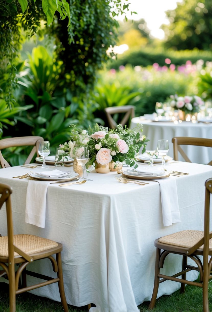 A table set with a white linen tablecloth, adorned with flowers and surrounded by lush greenery, set for a garden party