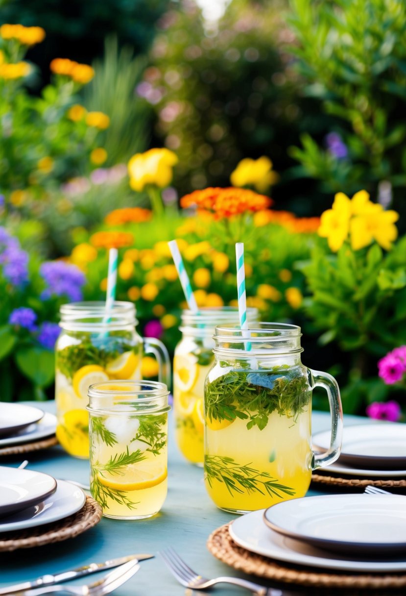 A table set with mason jar glasses of herb-infused lemonade, surrounded by a lush garden with colorful flowers and bountiful greenery