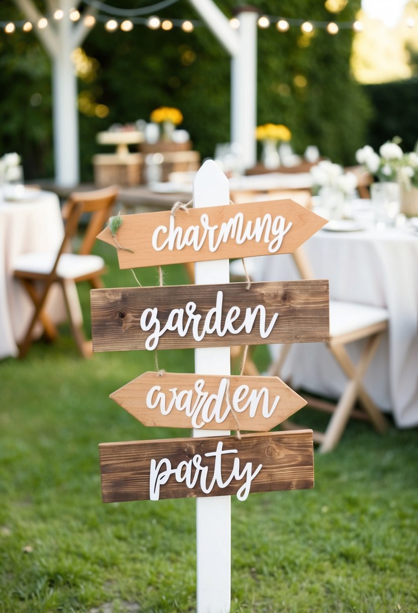 A charming garden party scene with rustic wooden signs decorating the outdoor space