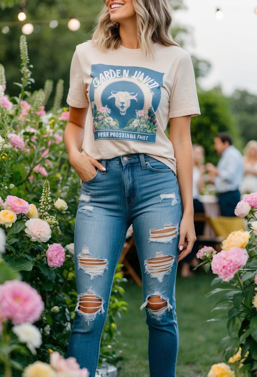 A pair of ripped jeans paired with a graphic tee, surrounded by blooming flowers and greenery at a casual garden party