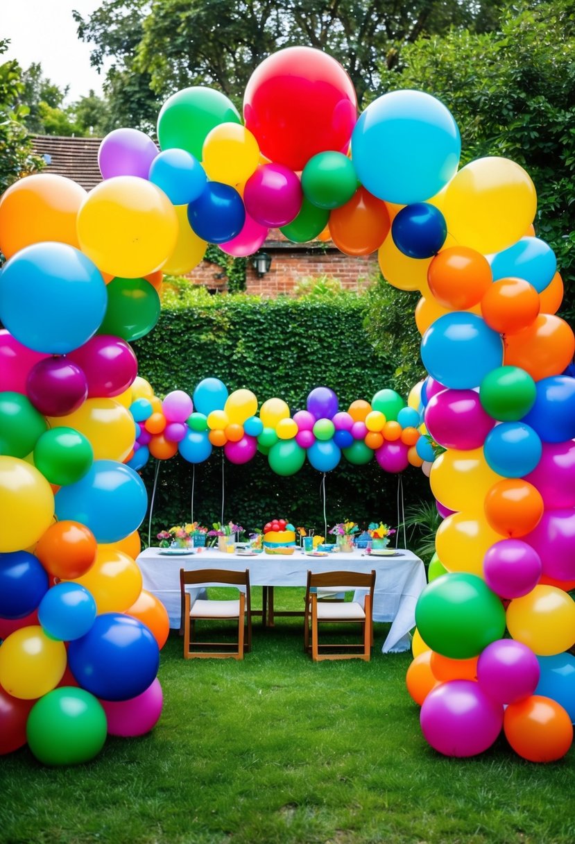 A colorful balloon archway frames a garden party, with vibrant balloons in various shapes and sizes creating a whimsical and festive atmosphere for kids