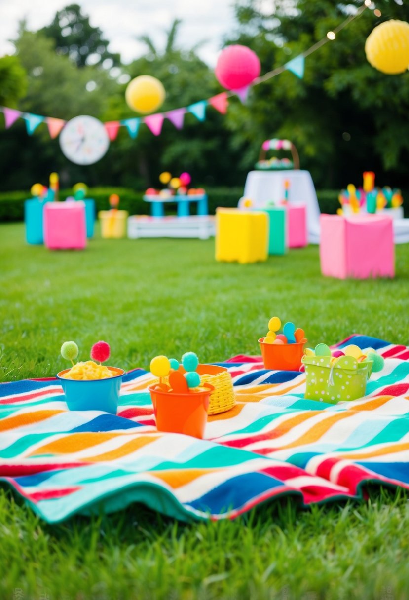 A colorful picnic blanket spread out on lush green grass, surrounded by playful garden party decorations for kids
