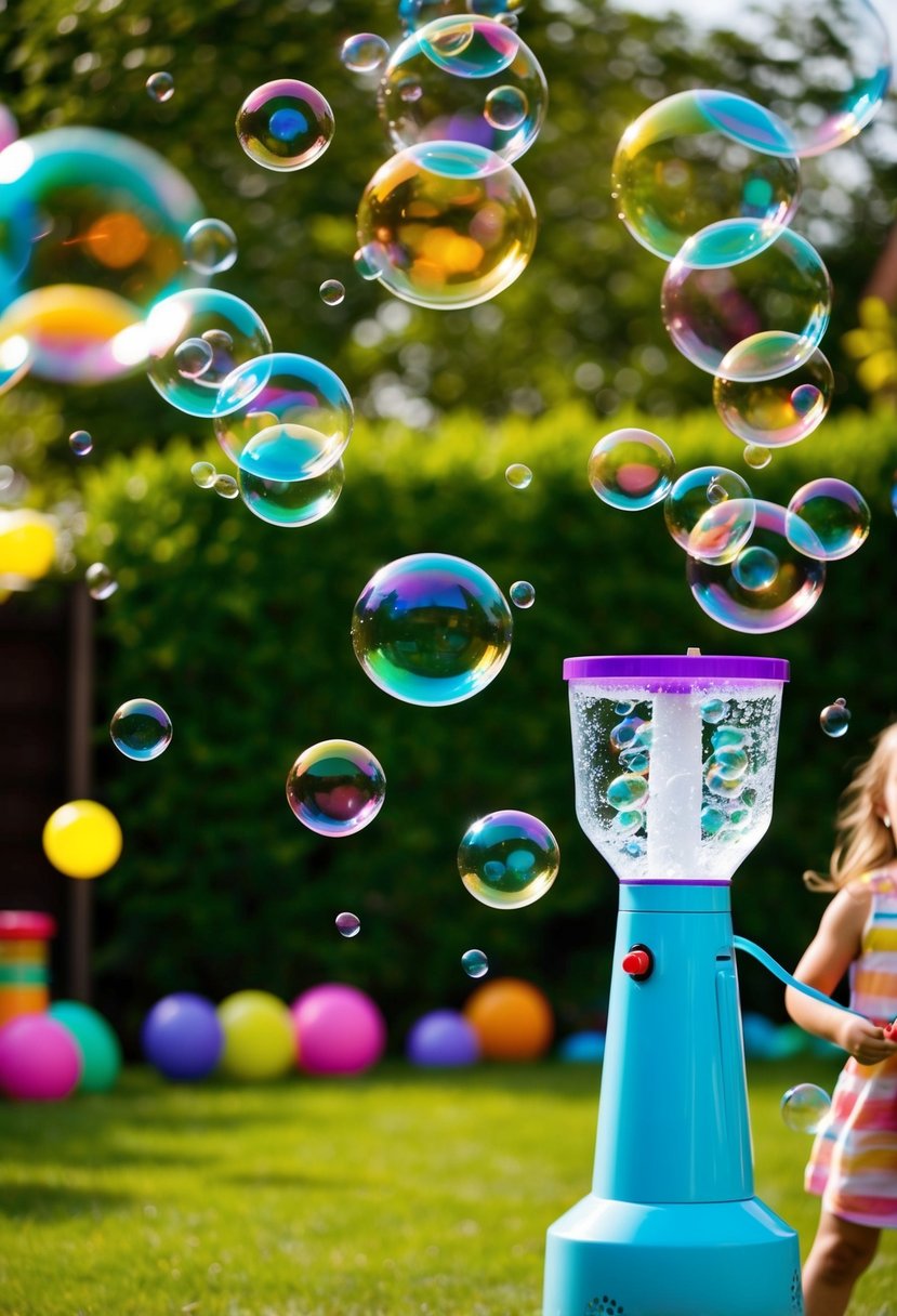 Colorful bubbles float in the air, filling the garden with joy and excitement. The bubble machine stands in the corner, adding a touch of magic to the kids' party