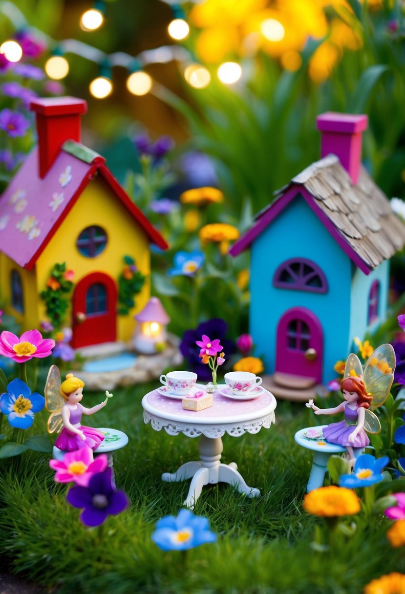 A whimsical fairy garden with tiny houses, colorful flowers, and twinkling lights. A tiny table set with miniature tea cups and treats, surrounded by playful fairy figurines