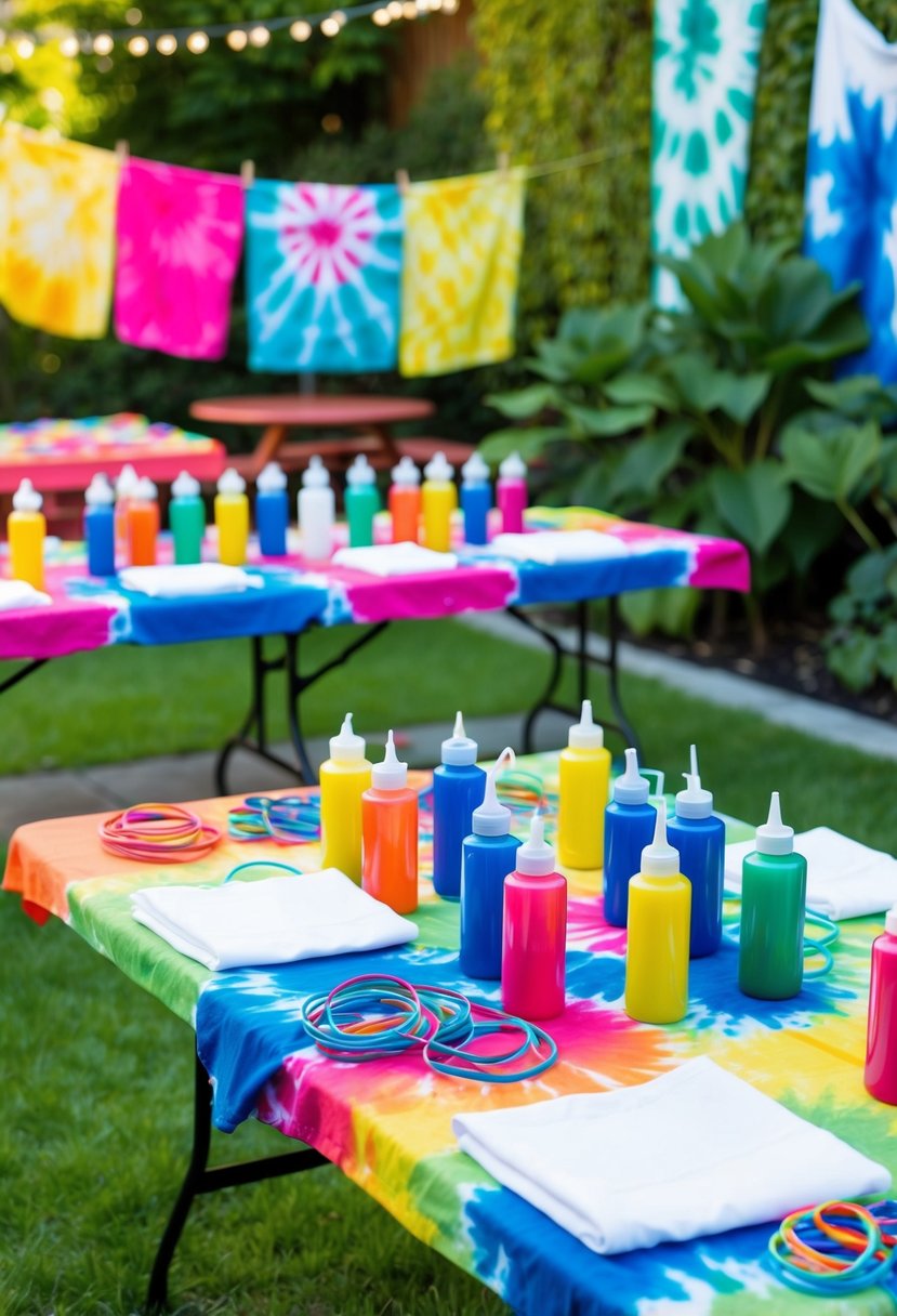 A colorful tie-dye station set up in a vibrant garden, with tables covered in dye bottles, rubber bands, and white fabric for kids to create their own designs